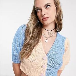 Cotton On Milli Cropped Colour-Block Knit Cardigan | Puff Sleeve | Size S/P